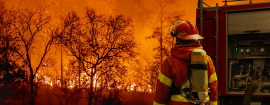 Firefighter stands next to the engine in front of a wildfire